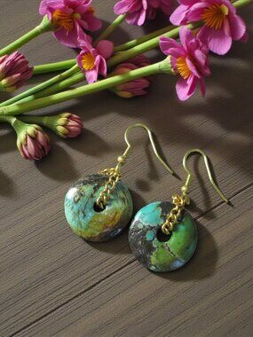 Turquoise Donut Earrings, Gold Curb Chain, Pierced